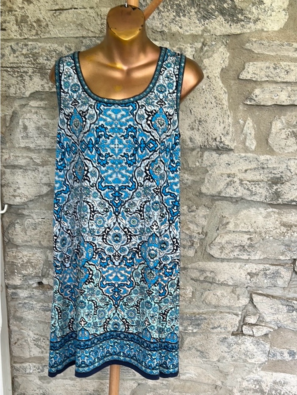 Blue Mosaic Print Sleeveless Shift Dress